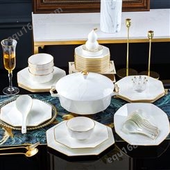 描金餐具套装 景德镇骨瓷餐具 手工镶金 异型八角系列碗盘套装